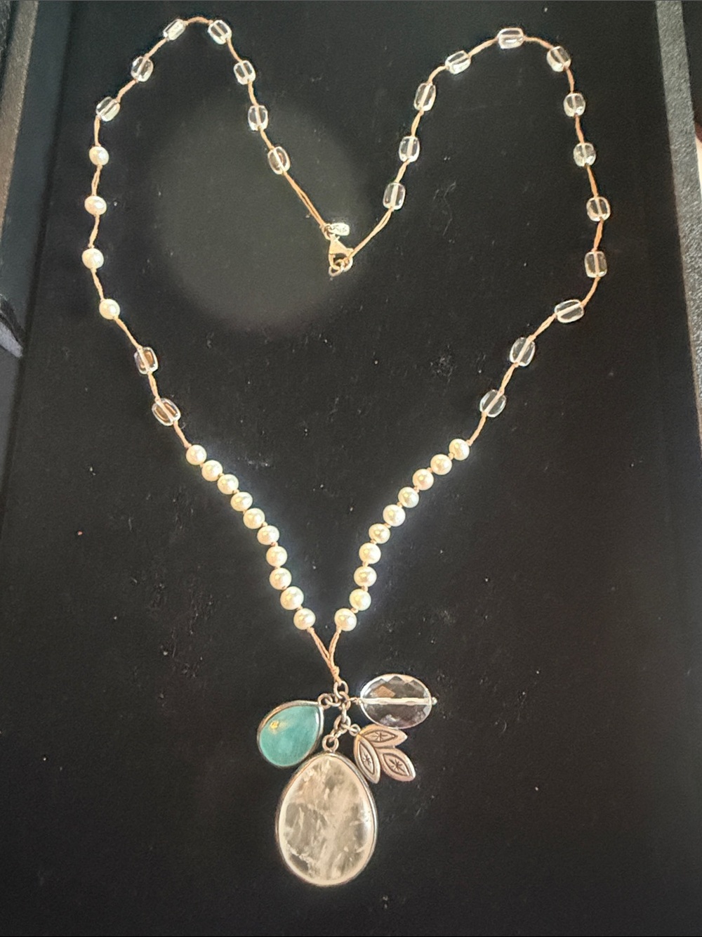 Silpada Pearl Necklace with Turquoise, Silver and Clear Quartz Gemstone Charms